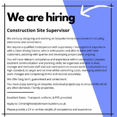 WE ARE RECRUITING - CONSTRUCTION SITE SUPERVISOR